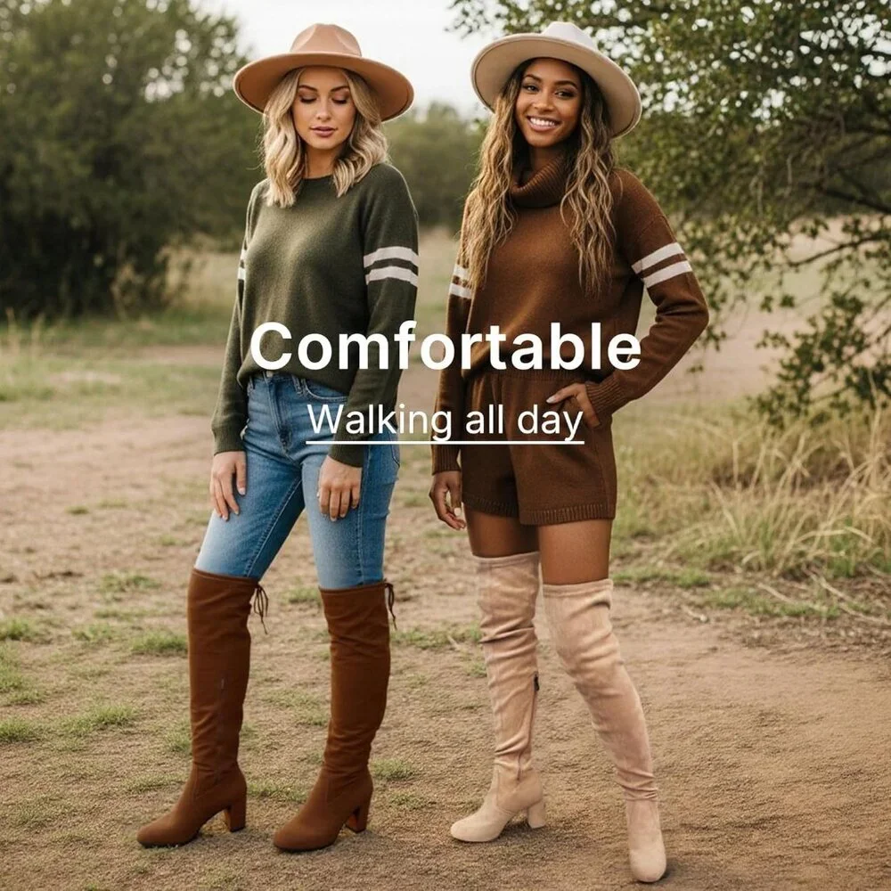 Women's Brown Suede Chunky Heels Zipper Over The Knee High Adjustable Boots